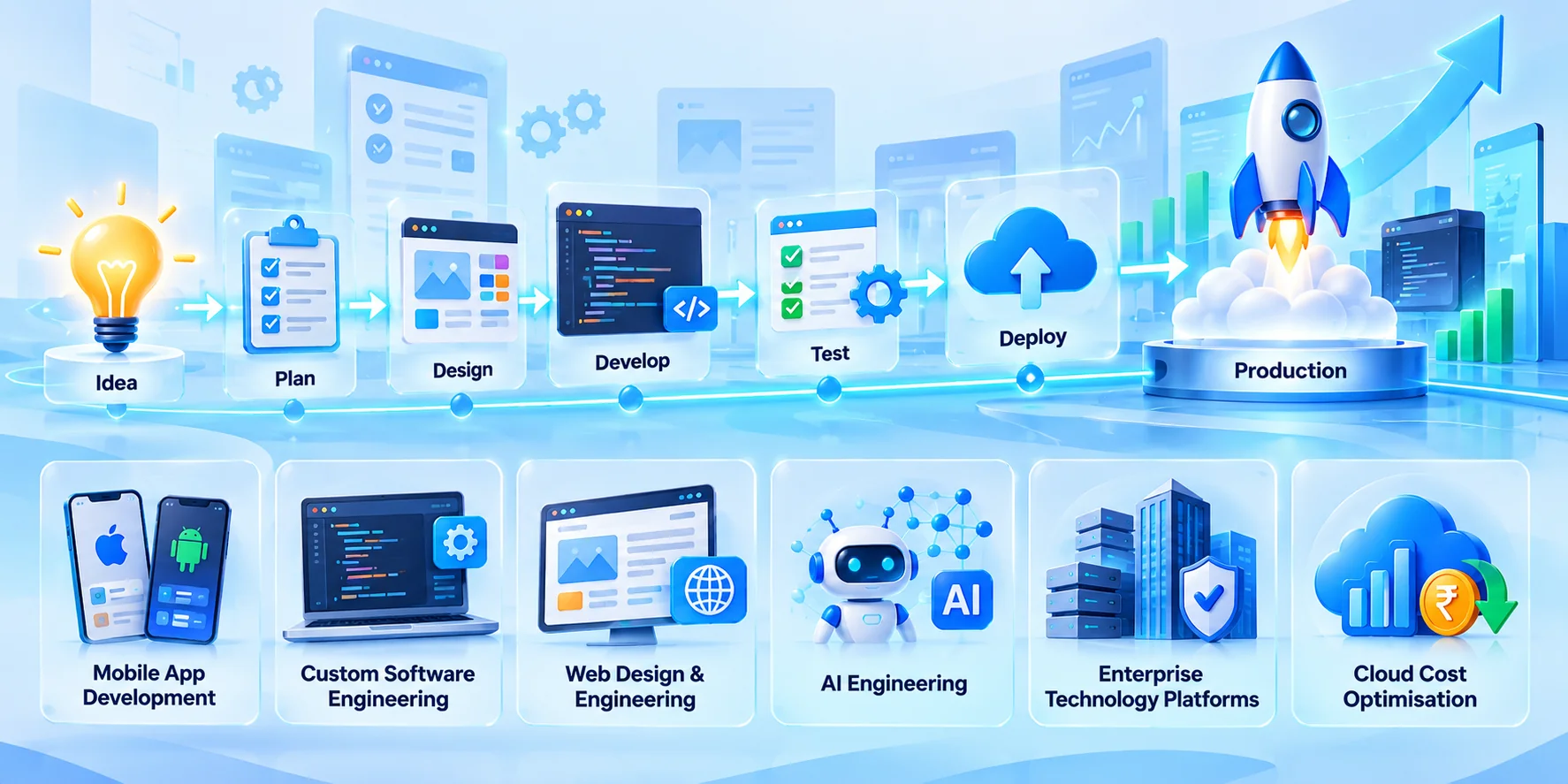 Idea to production pipeline across mobile, software, web, AI, enterprise platforms and cloud cost optimisation