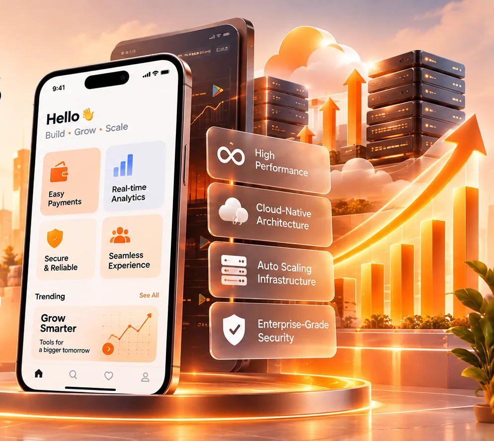 Mobile app interface mockup with payments, analytics and security feature highlights