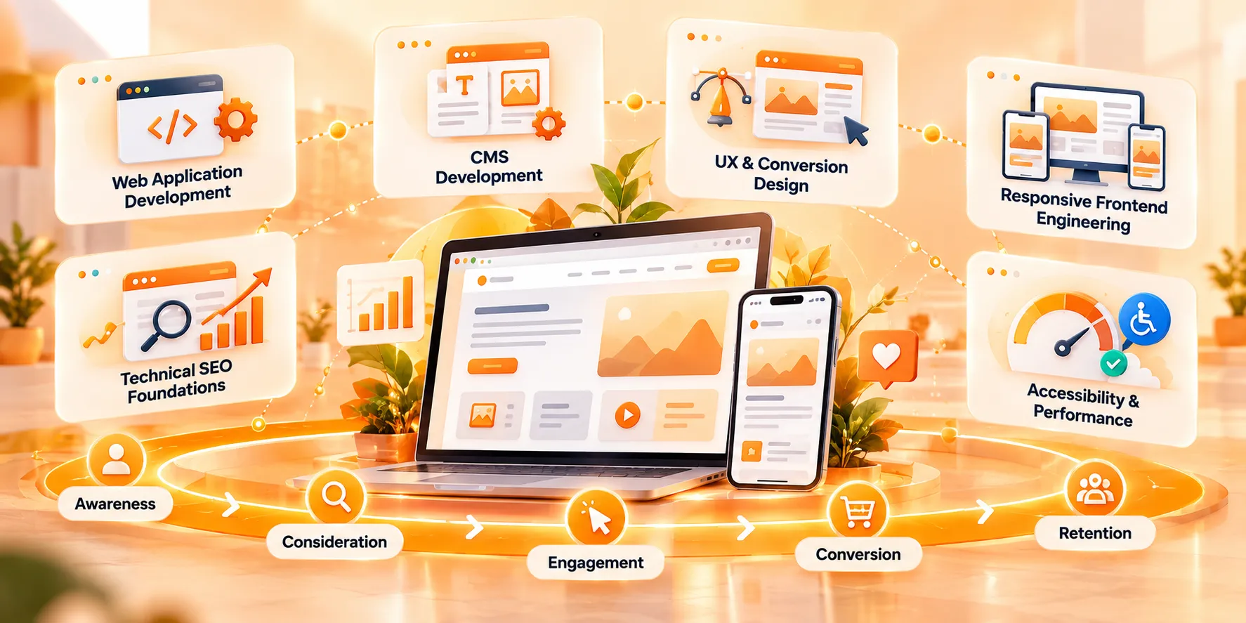 High-performance websites, web applications and content platforms combining UX design, frontend and backend engineering, CMS implementation and technical SEO foundations